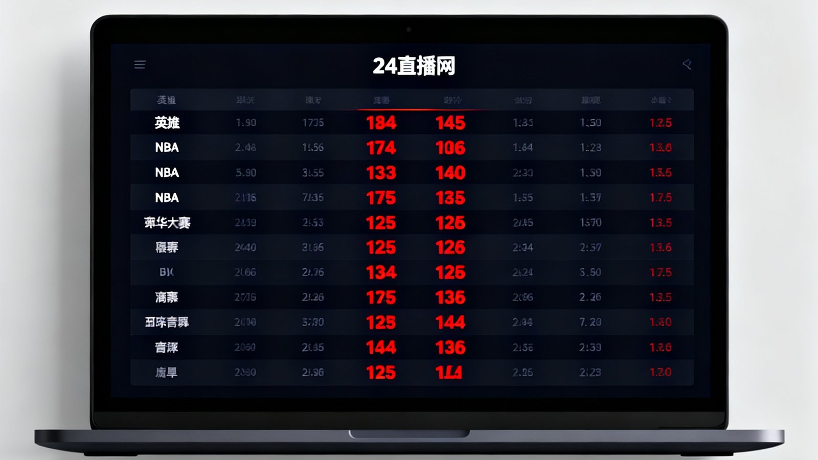 24直播网实时比分界面，大屏幕上同时展示英超、NBA等多场赛事比分数据，红色数字高亮显示最新进球信息，界面采用深色主题设计